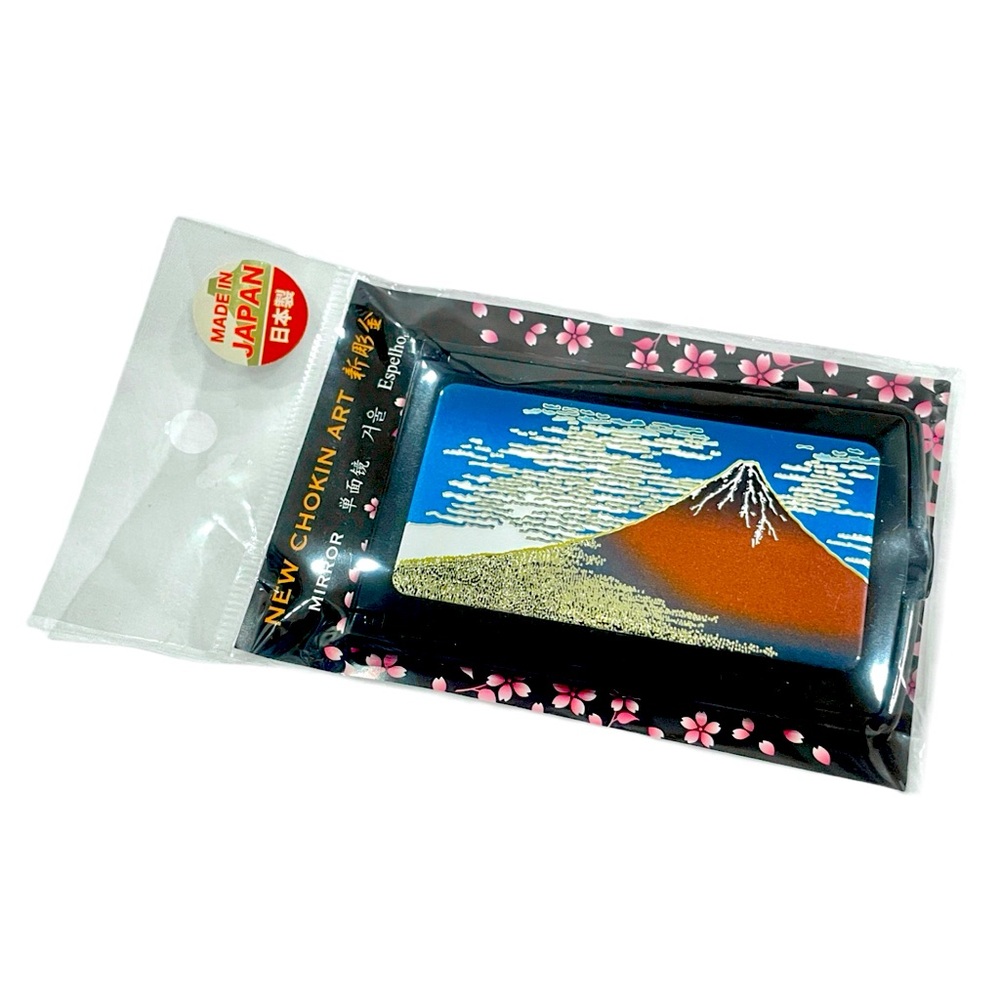 Metal Engraved Hokusai Red Fuji Stand Pocket Mirror Made in Japan NEW CHOKIN ART